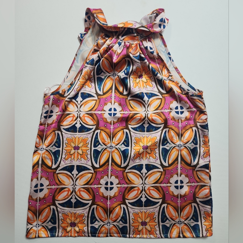 Rachel Zoe Women’s Sleeveless Halter Top Medium Geometric Floral Bow Tie Neck